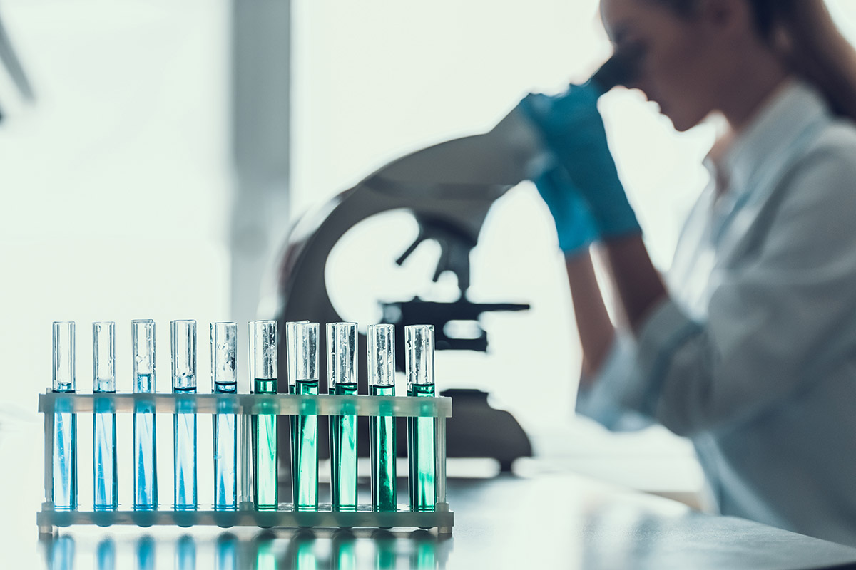 6210793 Closeup Chemical Liquid Samples in Flasks in Lab